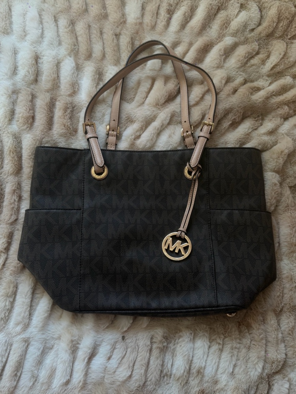 Michael Kors Brown Tote with Beige Straps and Gold Logo Charm